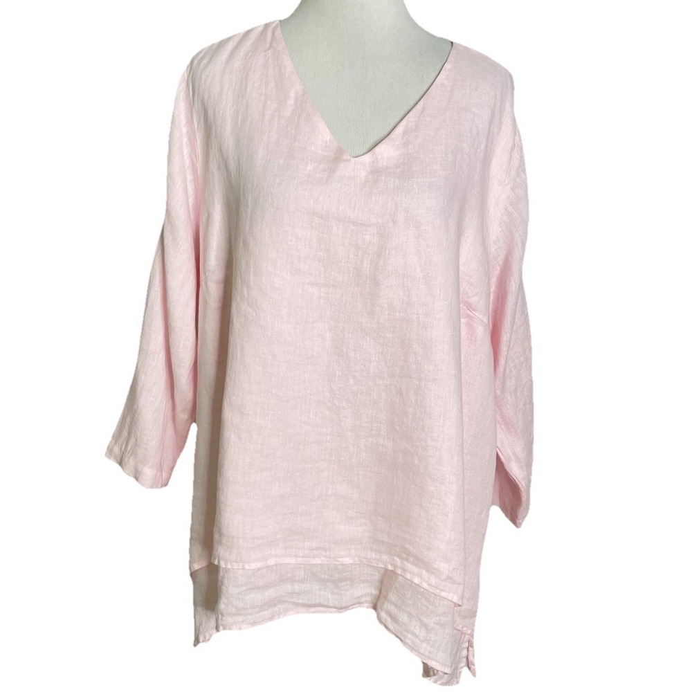 La Fixsun Pink 100% Linen‎ Tunic Top 3/4 Sleeve Shark Bite Hem Lagenlook USA M